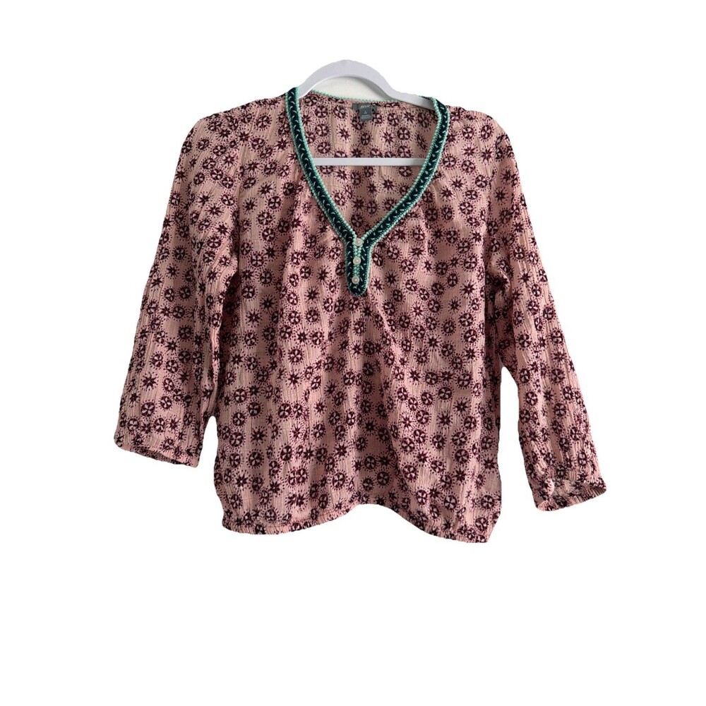 Aerie Boho Peasant Blouse Women’s Small Pink Floral Gauze V-Neck Embroidered